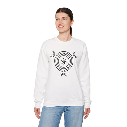 Hecate's Wheel Triple Goddess symbol on a white unisex sweatshirt for pagan apparel.