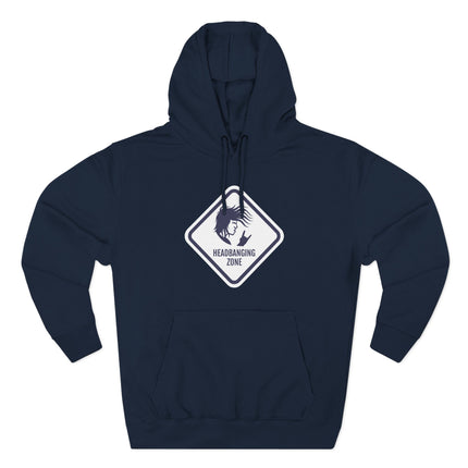 Headbanging Zone rock graphic pullover hoodie featuring a devil horns silhouette design.