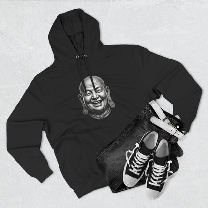 Laughing Buddha Hotei art on a black pullover hoodie. Zen spiritual gift for positive vibes.