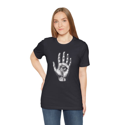 Black t-shirt featuring an esoteric eye symbol in an open hand design.