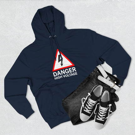 Danger high voltage warning sign graphic on a navy blue pullover hoodie.