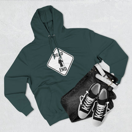 Dead End Grim Reaper sign graphic on a dark green unisex pullover hoodie.