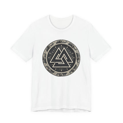 Norse Valknut and Asgard symbol graphic on a white t-shirt.