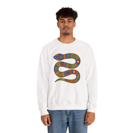 Huichol Snake Art Sweatshirt | Vibrant Indigenous Geometric Serpent Pullover Sweatshirt