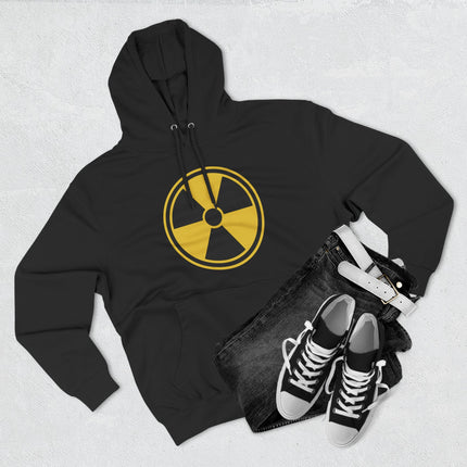 Black hoodie featuring a yellow radioactive hazard symbol print.