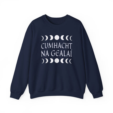 Irish Cumhacht Na Gealaí moon power graphic sweatshirt with celestial moon phases.