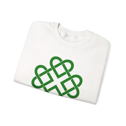 White sweatshirt featuring a green Celtic knot clover symbol.