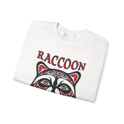 Raccoon spirit tribal art graphic printed on a comfortable pullover sweatshirt.