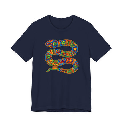 Vibrant indigenous serpent graphic tee featuring colorful Huichol and tribal patterns on a dark shirt.