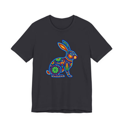 Vibrant Huichol-style rabbit graphic tee featuring Mexican folk art patterns.