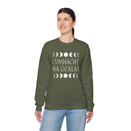 Irish "Cumhacht Na Gealaí" moon phase graphic sweatshirt.