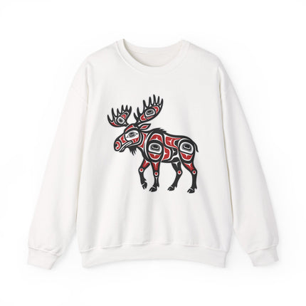 Indigenous moose sweatshirt featuring Northwest Coast Formline art design.