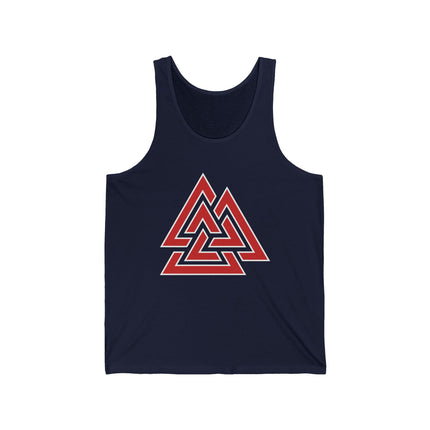 Red Valknut symbol on a navy blue Norse mythology tank top.
