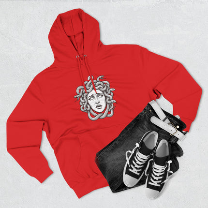 Red Medusa Gorgon graphic hoodie featuring Greek mythology serpent portrait.