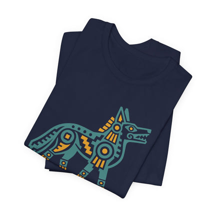 Aztec Coyote T-Shirt | Blue Geometric Mesoamerican Animal Art Tee
