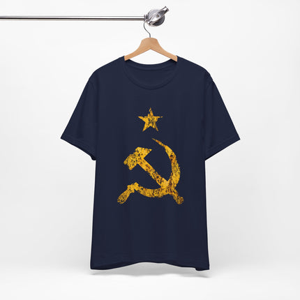 Grunge gold hammer and sickle star graphic on a navy blue t-shirt.