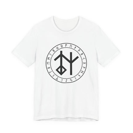 Norse bind rune and Futhark runic symbols printed on a white graphic t-shirt.
