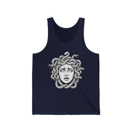 Medusa head illustration featuring coiled snakes, a striking graphic of Greek mythology art.