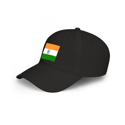 Black baseball cap featuring the Indian tricolor flag design. Patriotic India style accessory.