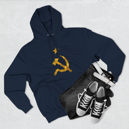 Distressed yellow hammer and sickle graphic on a navy blue communist hoodie.