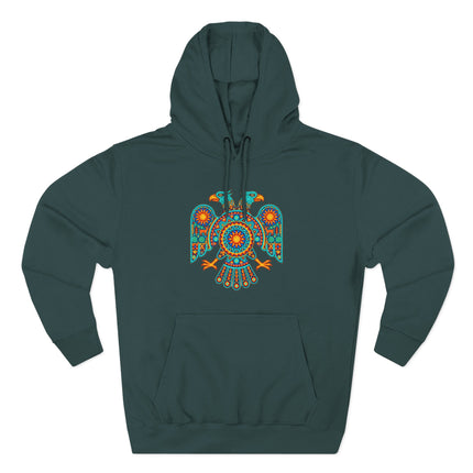 Colorful two-headed eagle graphic featuring Mexican Huichol folk art patterns.