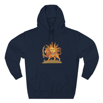 Lion and Sun Persian symbol graphic on a navy hoodie, celebrating Iranian heritage and culture.