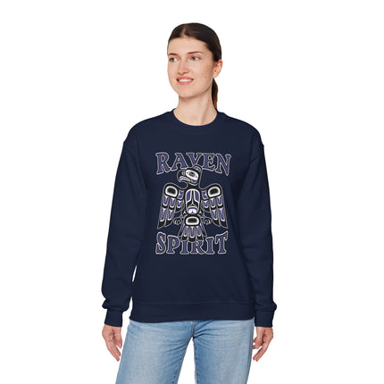 Haida art raven spirit graphic on a navy unisex sweatshirt.