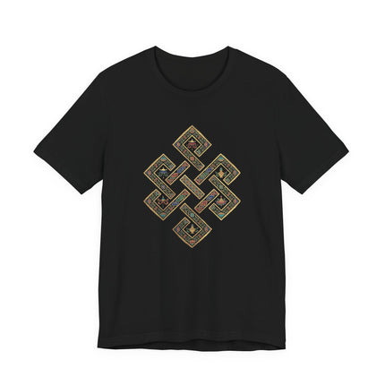 Black t-shirt featuring an intricate, colorful Tibetan Endless Knot Buddhist symbol design.