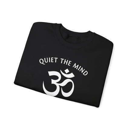 Om symbol mindfulness sweatshirt with "Quiet The Mind, Soul Will Speak" spiritual quote print.