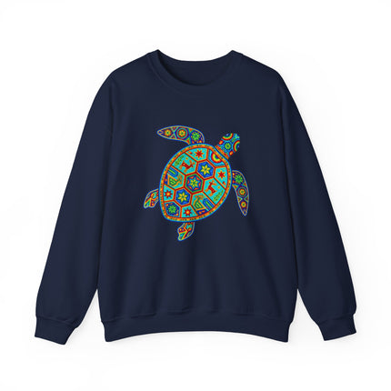 Vibrant geometric turtle design featuring Mexican folk art style on a navy pullover sweatshirt.