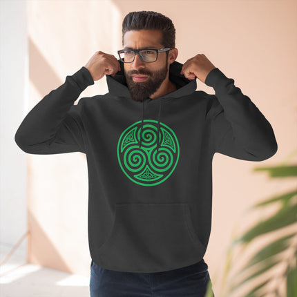 Black hoodie with green Celtic triskelion triple spiral symbol print.