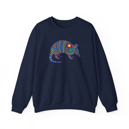 Dotted pullover featuring a vibrant Huichol armadillo and traditional Mexican folk art design.