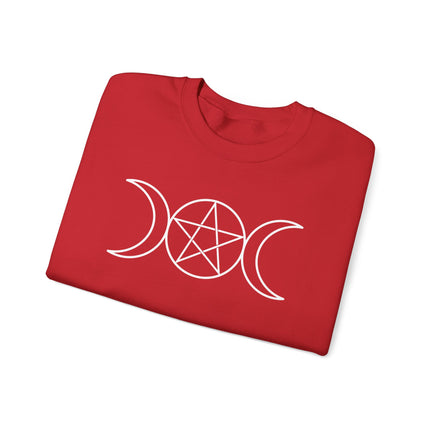 Triple Moon and Pentagram Wiccan design on a unisex pagan witchcraft sweatshirt pullover.