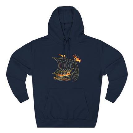Norse burning longship graphic on a dark pullover hoodie.