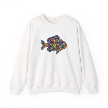 Colorful Mexican folk art sweatshirt featuring a vibrant Huichol style fish design pullover.