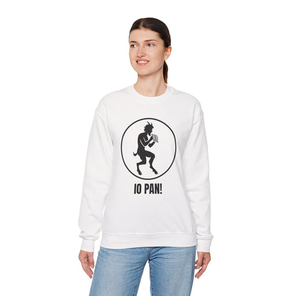 IO PAN! satyr graphic on a white unisex sweatshirt featuring Greek mythology symbolism.