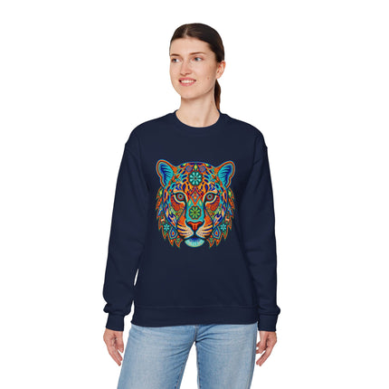 Vibrant Huichol jaguar graphic print sweatshirt featuring colorful Mexican folk art.