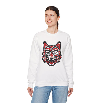 Red and black wolf formline art graphic on a white Pacific Northwest sweatshirt.
