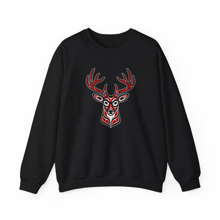 Red and black tribal sweatshirt featuring an indigenous deer head graphic art print pullover.