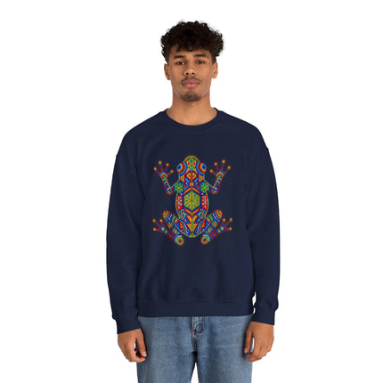 Vibrant geometric frog art sweatshirt inspired by Mexican Huichol indigenous culture.