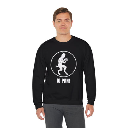 IO PAN! satyr graphic on black sweatshirt. Greek mythology design featuring Pan the god.