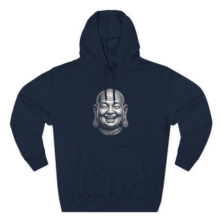 Laughing Buddha Hotei head art design in grayscale.