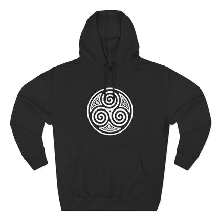 Black hoodie featuring a white Celtic Triskele triple spiral knotwork symbol design.