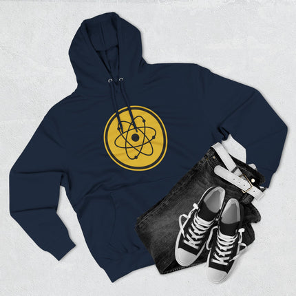 Dark blue hoodie displaying a yellow atomic symbol and scientific orbital model graphic.