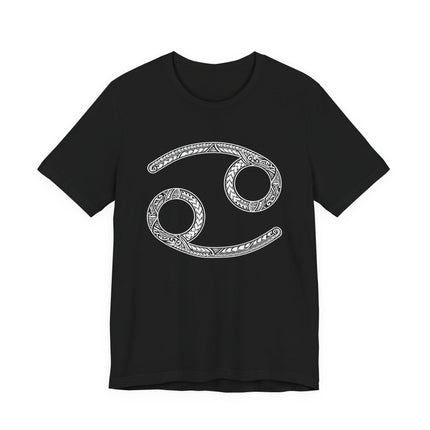 Intricate tribal Cancer zodiac symbol print on a black tee.