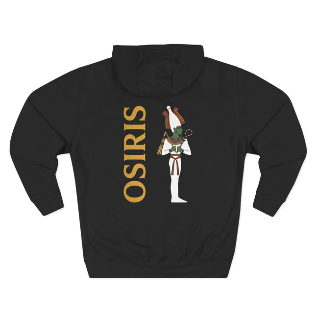 Osiris Egyptian god artwork and name printed on black apparel.