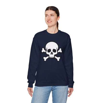 Unisex navy sweatshirt featuring a white skull and crossbones graphic.