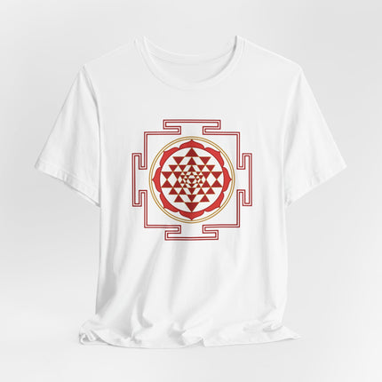 Sri Yantra sacred geometry mandala graphic tee shirt design featuring Hindu spiritual art.