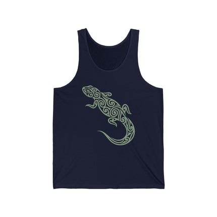 Tribal swirl lizard graphic on a dark blue tank top.