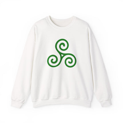 Celtic triskelion triple spiral knot design printed on an Irish pullover sweatshirt.
